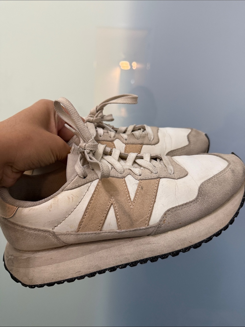 New Balance Beige and White Retro-Style Women's Sneakers